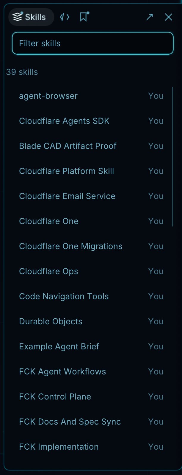 The Skills panel beside a chat: a filter field, 39 skills, and whose each one is.